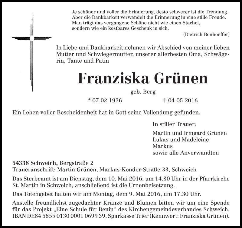 Traueranzeigen Von Franziska Gr Nen Volksfreund Trauer De