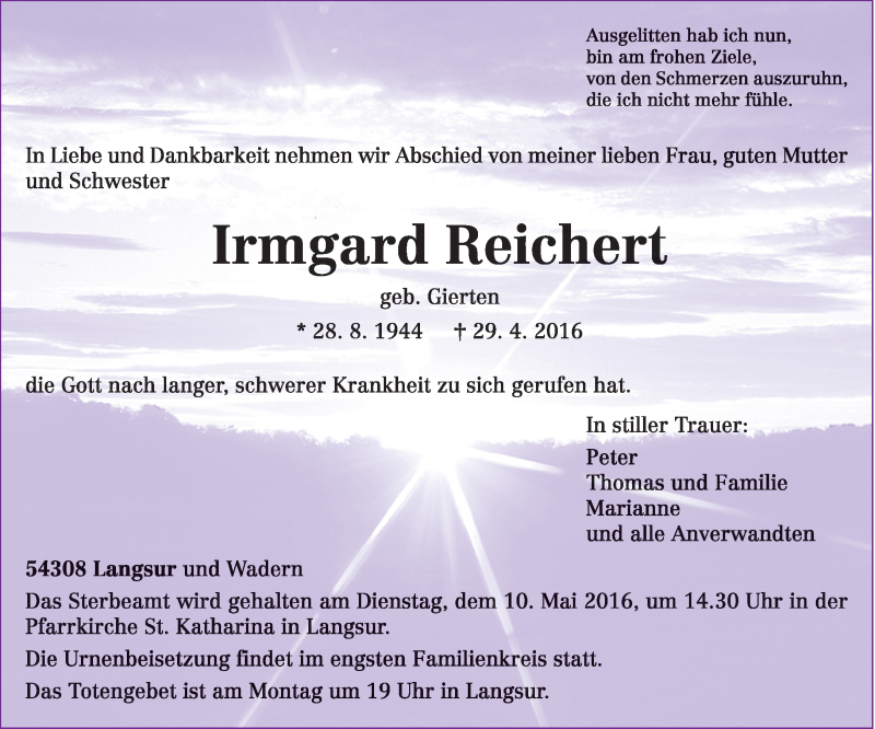 Traueranzeigen Von Irmgard Reichert Volksfreund Trauer De