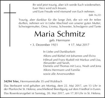 Traueranzeigen Von Maria Schmitz Volksfreund Trauer De