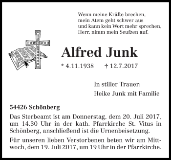 Traueranzeigen Von Alfred Junk Volksfreund Trauer De