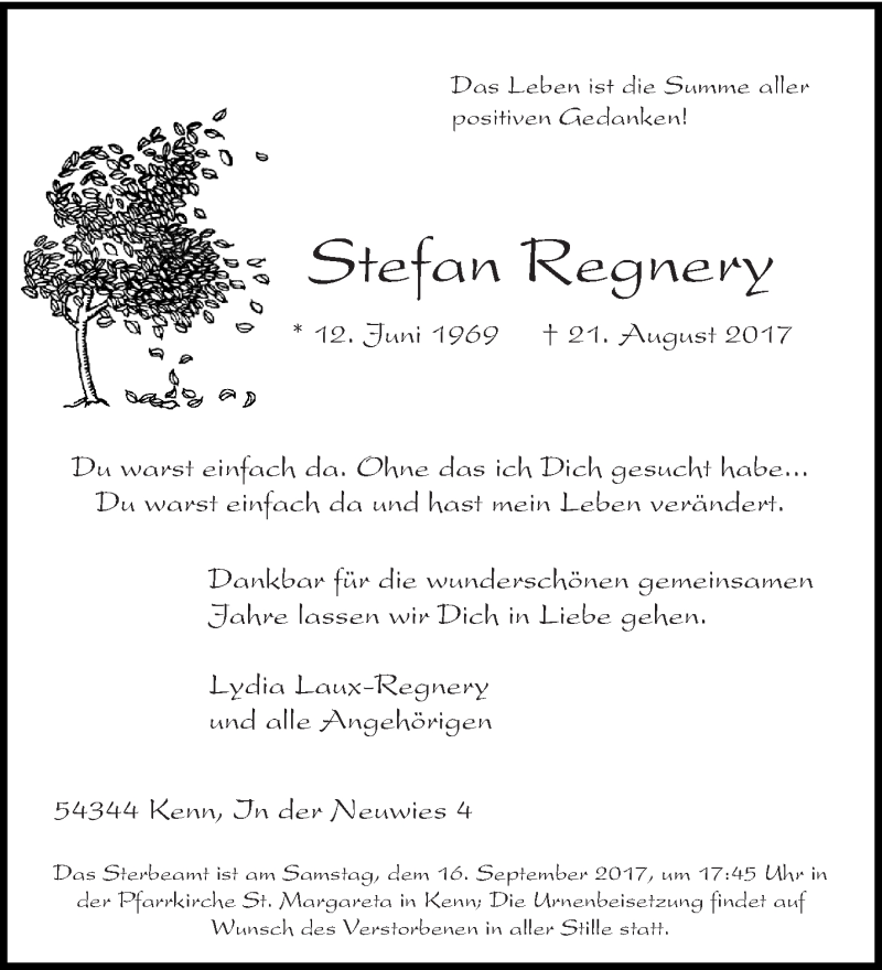 Traueranzeigen Von Stefan Regnery Volksfreund Trauer De