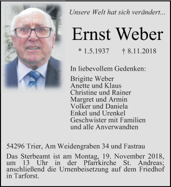 Traueranzeigen Von Ernst Weber Volksfreund Trauer De