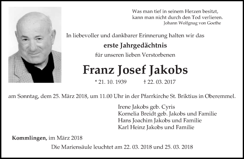 Traueranzeigen Von Franz Josef Jakobs Volksfreund Trauer De