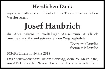 Traueranzeigen Von Josef Haubrich Volksfreund Trauer De