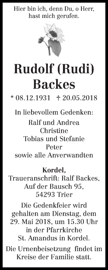 Traueranzeigen Von Rudolf Backes Volksfreund Trauer De