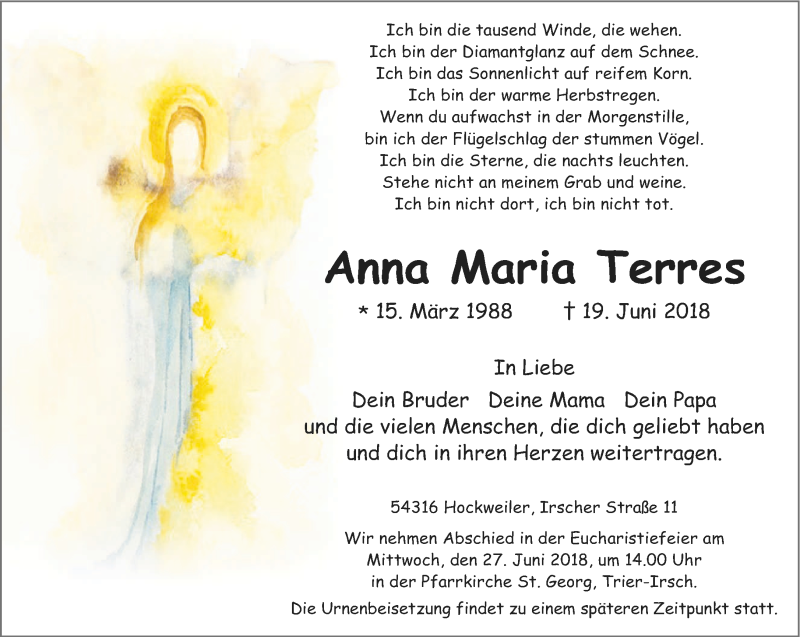 Traueranzeigen Von Anna Maria Terres Volksfreund Trauer De