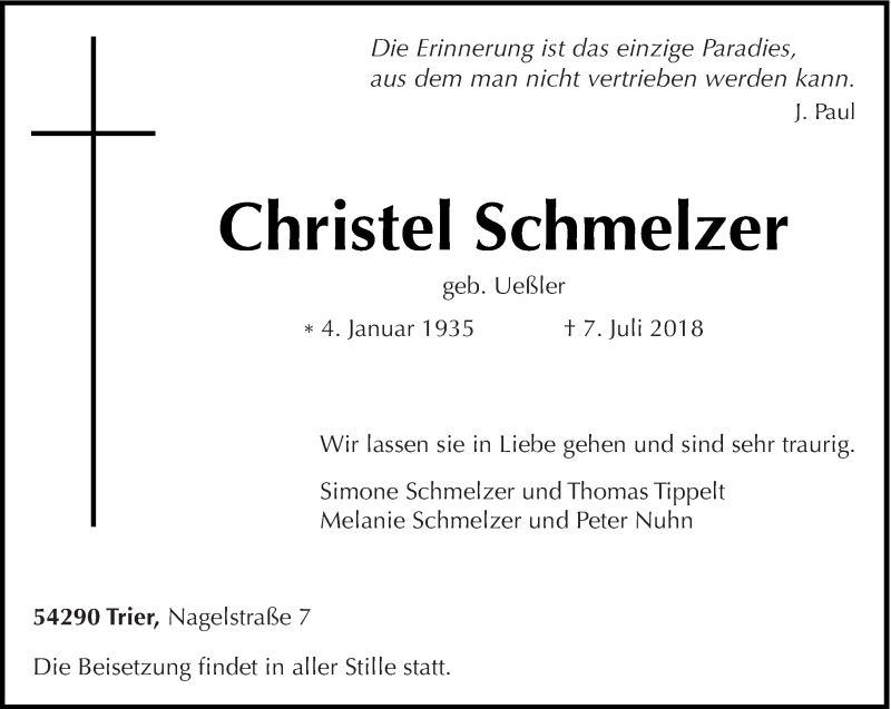 Traueranzeigen Von Christel Schmelzer Volksfreund Trauer De