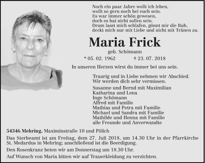 Traueranzeigen Von Maria Frick Volksfreund Trauer De