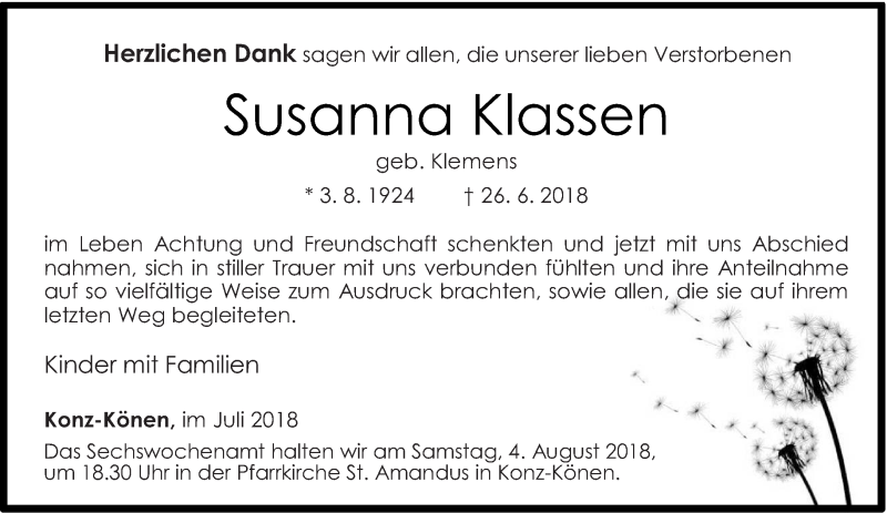 Traueranzeigen Von Susanna Klassen Volksfreund Trauer De