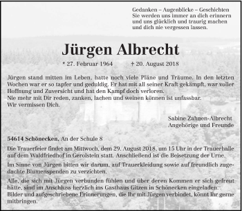 Traueranzeigen Von J Rgen Albrecht Volksfreund Trauer De