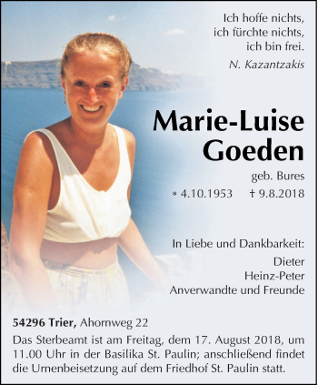 Traueranzeigen Von Marie Luise Goeden Volksfreund Trauer De