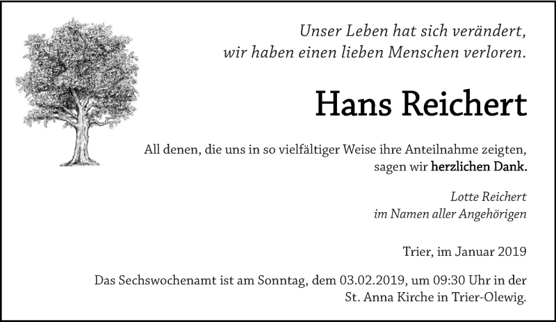 Traueranzeigen Von Hans Reichert Volksfreund Trauer De