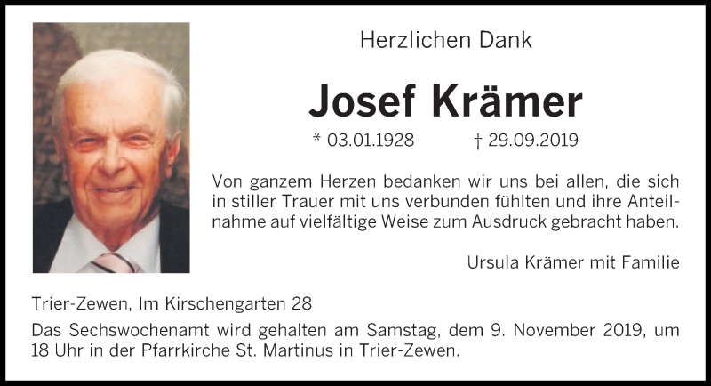 Traueranzeigen von Josef Krämer Volksfreund Trauer de