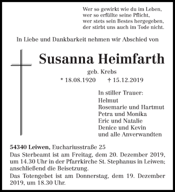 Traueranzeigen Von Susanna Heimfarth Volksfreund Trauer De