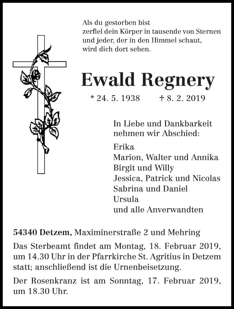 Traueranzeigen Von Ewald Regnery Volksfreund Trauer De