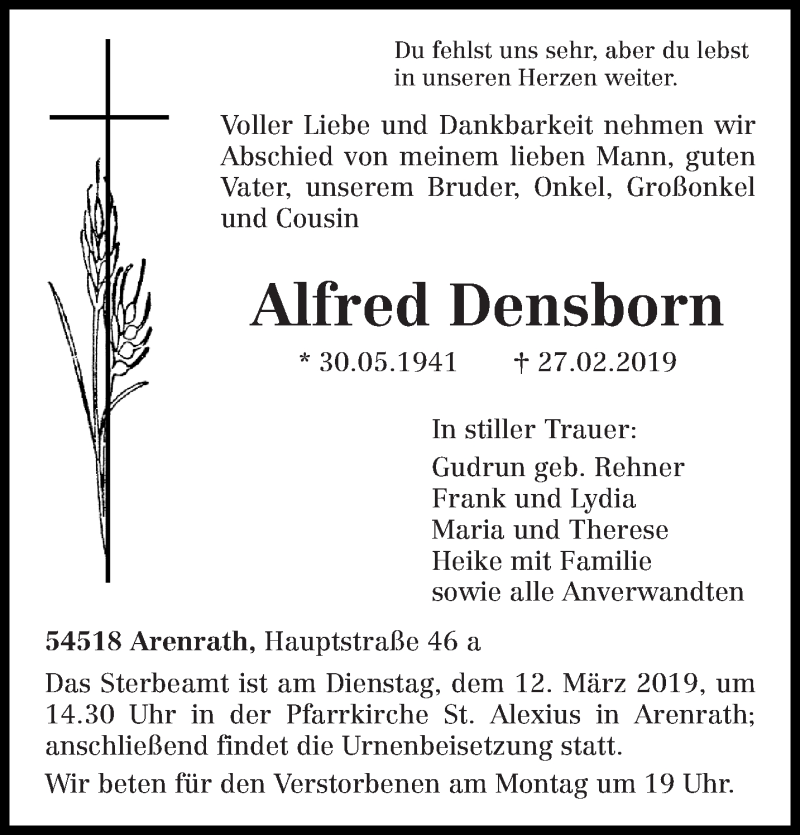 Traueranzeigen Von Alfred Densborn Volksfreund Trauer De