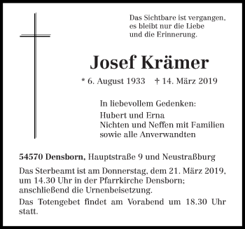 Traueranzeigen von Josef Krämer Volksfreund Trauer de