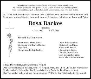 Traueranzeigen Von Rosa Backes Volksfreund Trauer De