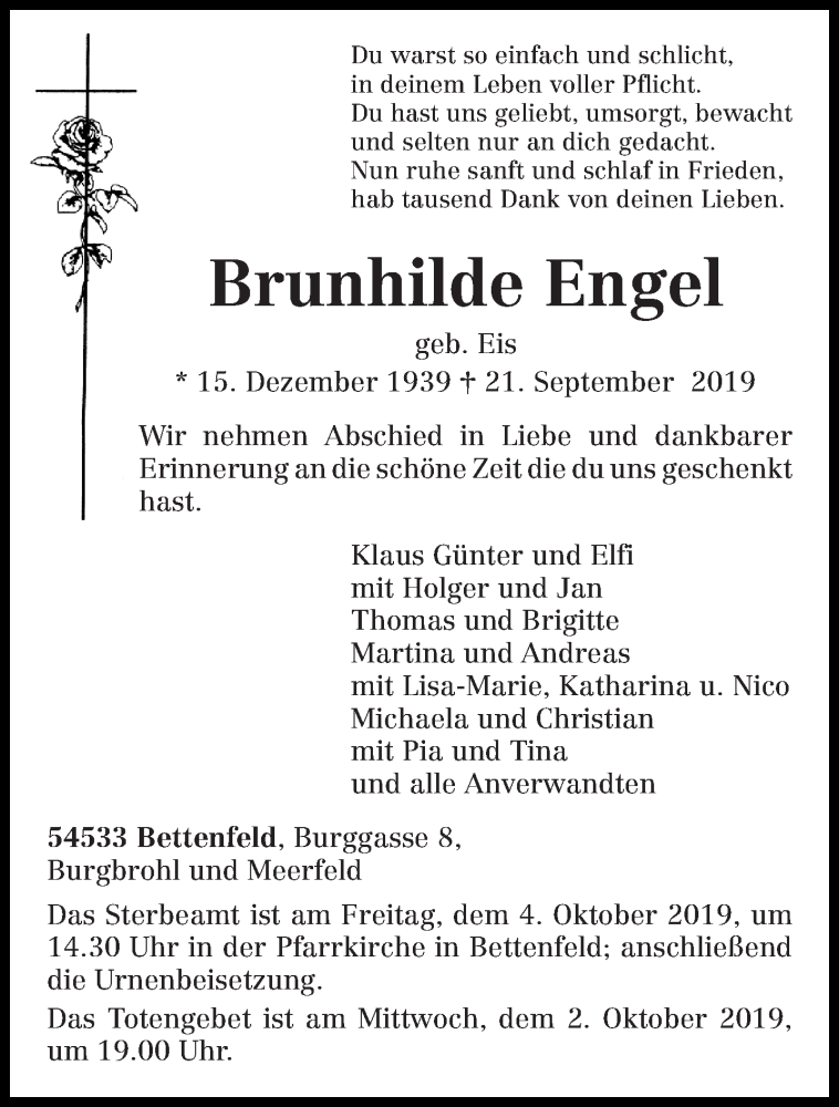 Traueranzeigen Von Brunhilde Engel Volksfreund Trauer De