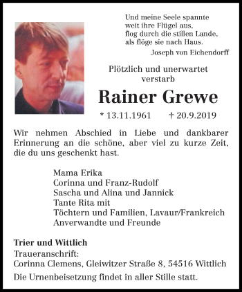 Traueranzeigen Von Rainer Grewe Volksfreund Trauer De