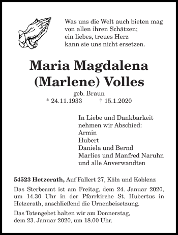 Traueranzeigen Von Maria Magdalena Volles Volksfreund Trauer De