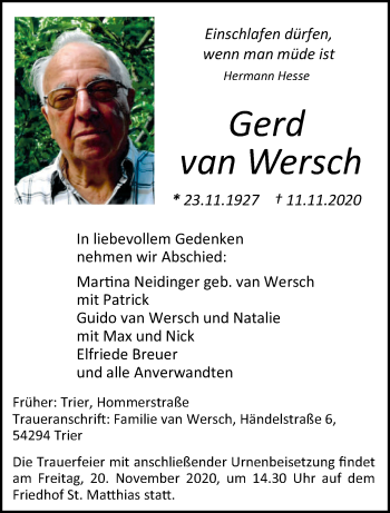 Traueranzeigen Von Gerd Van Wersch Volksfreund Trauer De