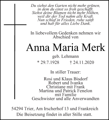 Traueranzeigen Von Anna Maria Merk Volksfreund Trauer De