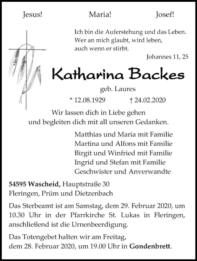 Traueranzeigen Von Katharina Backes Volksfreund Trauer De