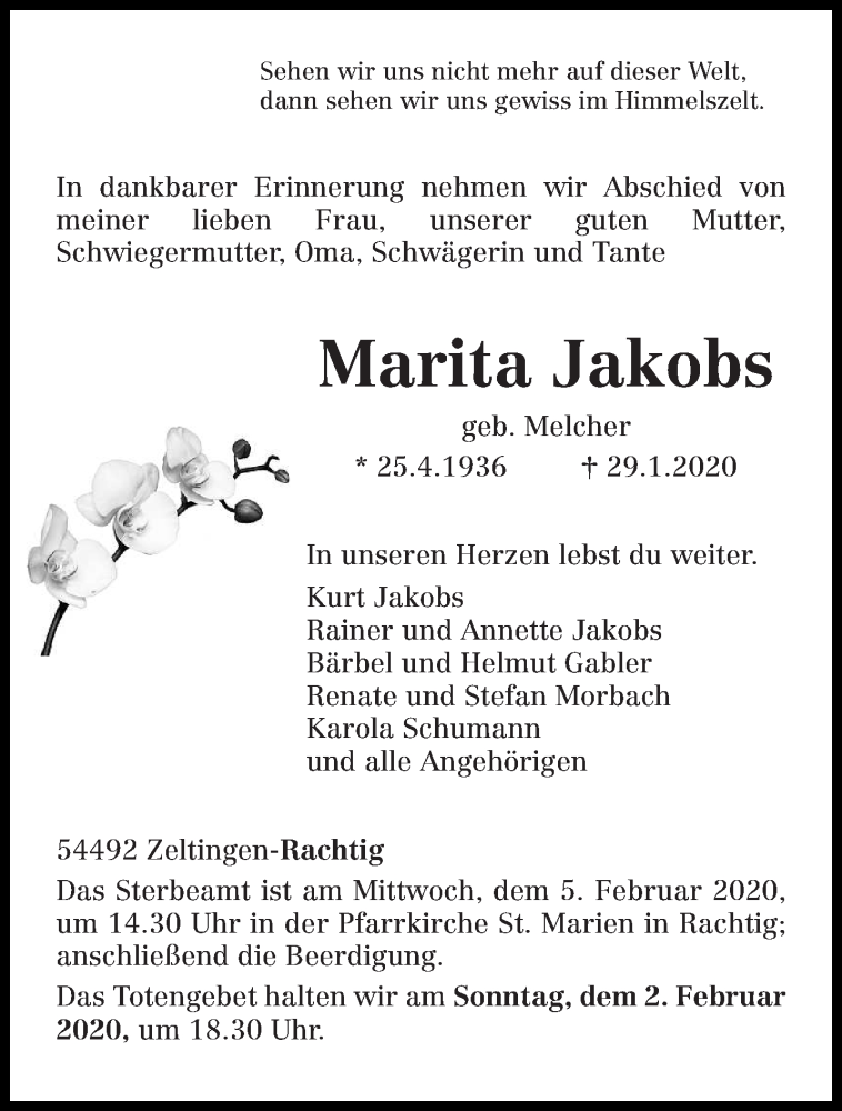 Traueranzeigen Von Marita Jakobs Volksfreund Trauer De