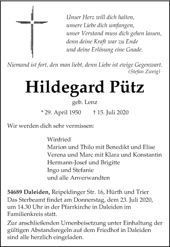 Traueranzeigen von Hildegard Pütz Volksfreund Trauer de