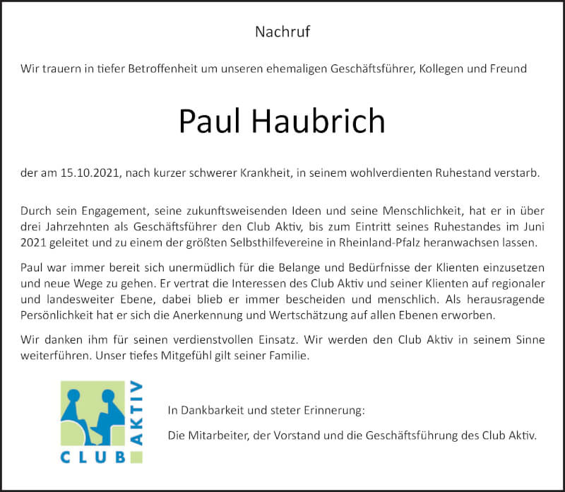 Traueranzeigen Von Paul Haubrich Volksfreund Trauer De