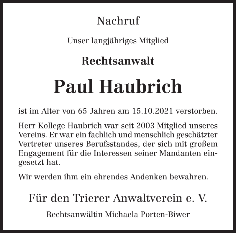 Traueranzeigen Von Paul Haubrich Volksfreund Trauer De