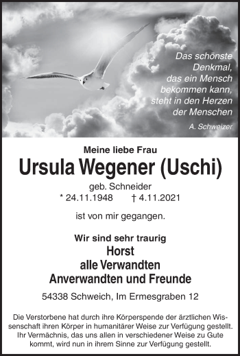 Traueranzeigen Von Ursula Wegener Volksfreund Trauer De