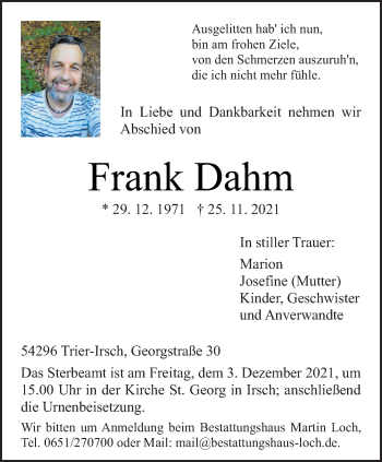 Traueranzeigen Von Frank Dahm Volksfreund Trauer De