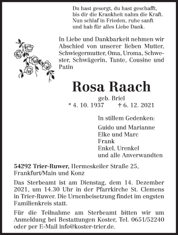 Traueranzeigen Von Rosa Raach Volksfreund Trauer De