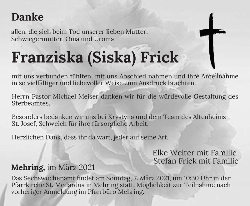 Traueranzeigen Von Franziska Frick Volksfreund Trauer De