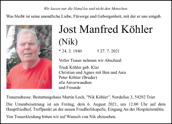 Traueranzeigen von Jost Manfred Köhler Volksfreund Trauer de