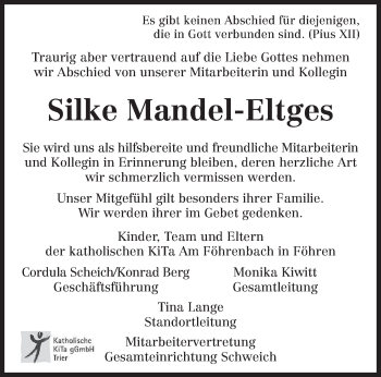 Traueranzeigen Von Silke Mandel Eltges Volksfreund Trauer De