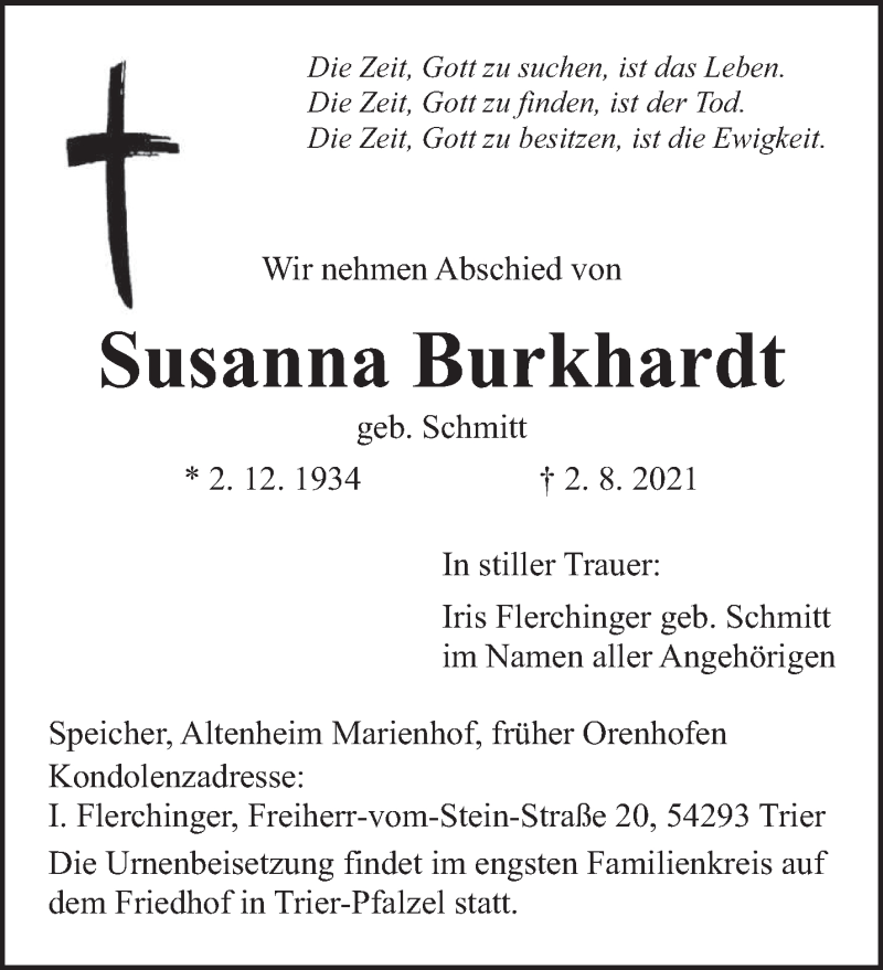 Traueranzeigen Von Susanna Burkhardt Volksfreund Trauer De