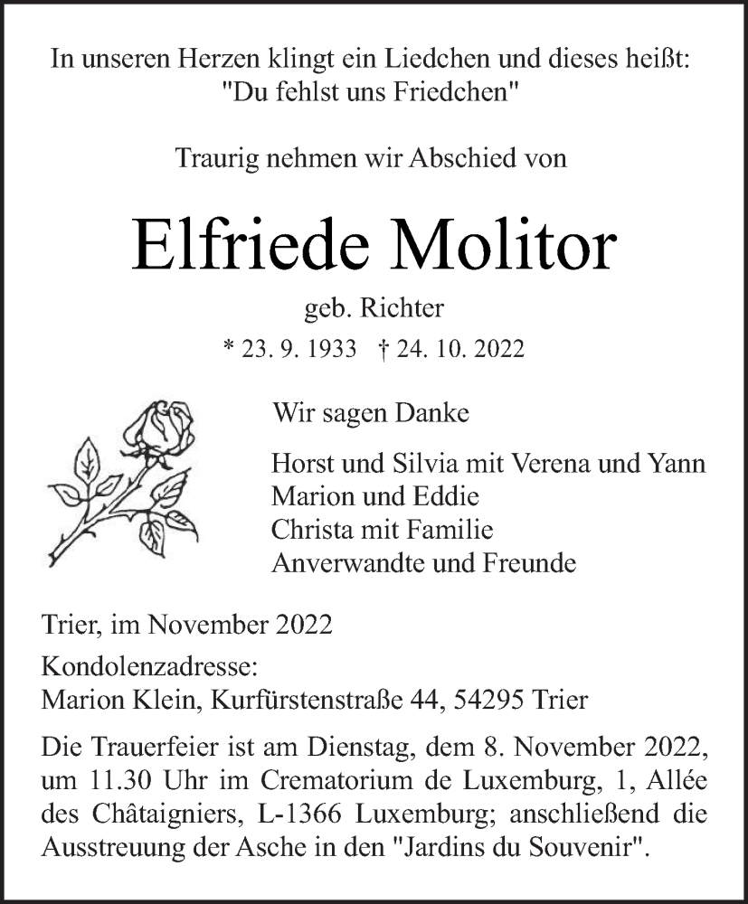 Traueranzeigen Von Elfriede Molitor Volksfreund Trauer De