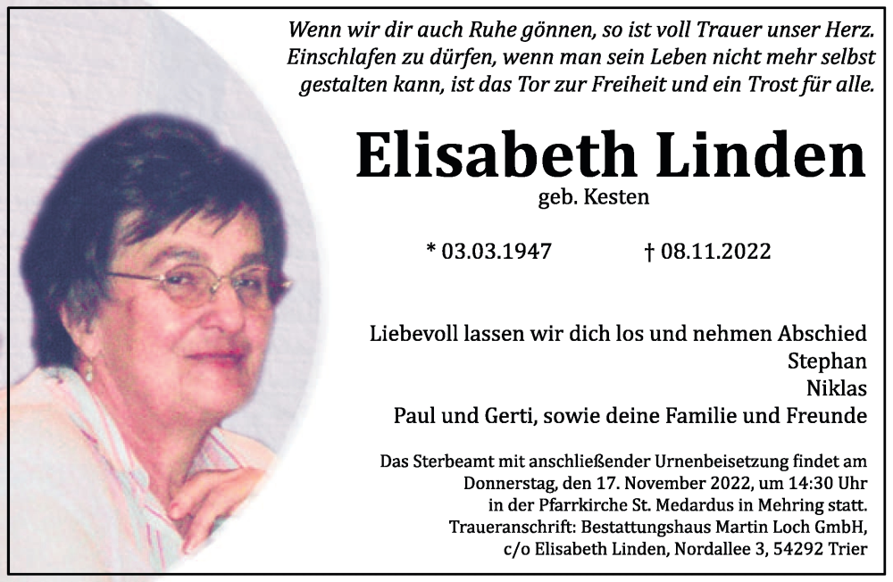 Traueranzeigen Von Elisabeth Linden Volksfreund Trauer De