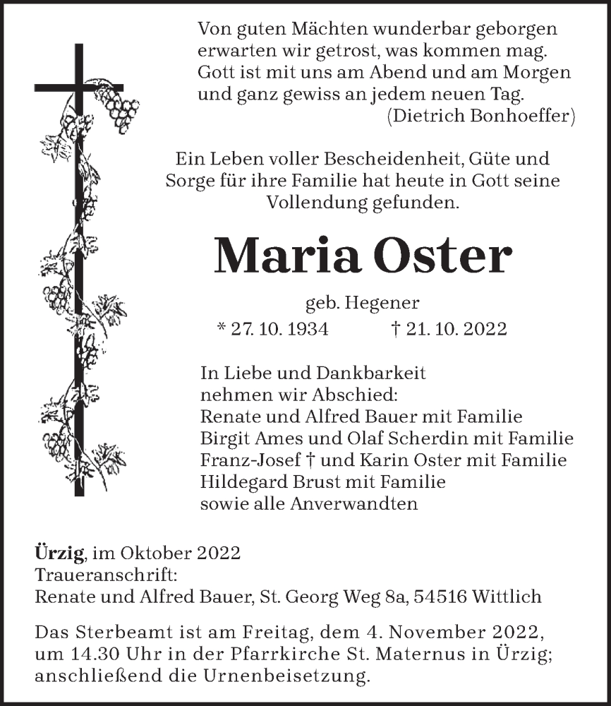 Traueranzeigen Von Maria Oster Volksfreund Trauer De