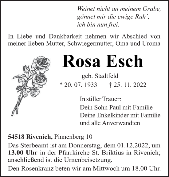 Traueranzeigen Von Rosa Esch Volksfreund Trauer De