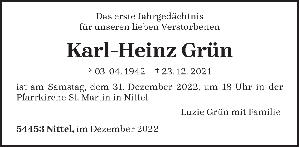 Traueranzeigen von Karl Heinz Grün Volksfreund Trauer de