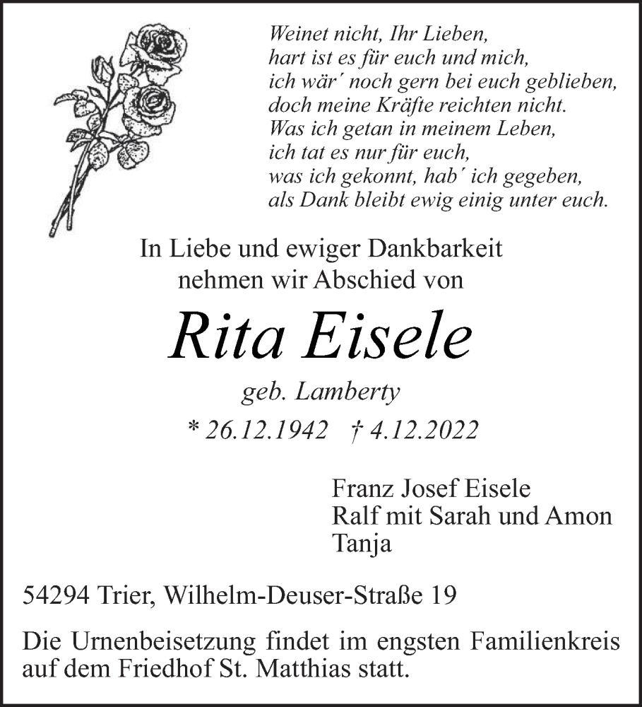 Traueranzeigen Von Rita Eisele Volksfreund Trauer De