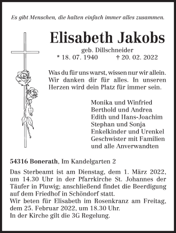 Traueranzeigen Von Elisabeth Jakobs Volksfreund Trauer De