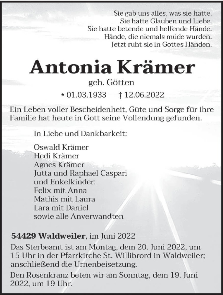 Traueranzeigen von Antonia Krämer Volksfreund Trauer de