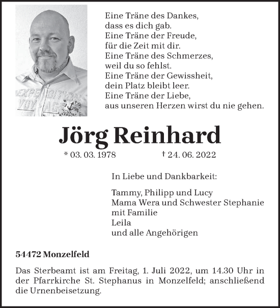 Traueranzeigen von Jörg Reinhard Volksfreund Trauer de