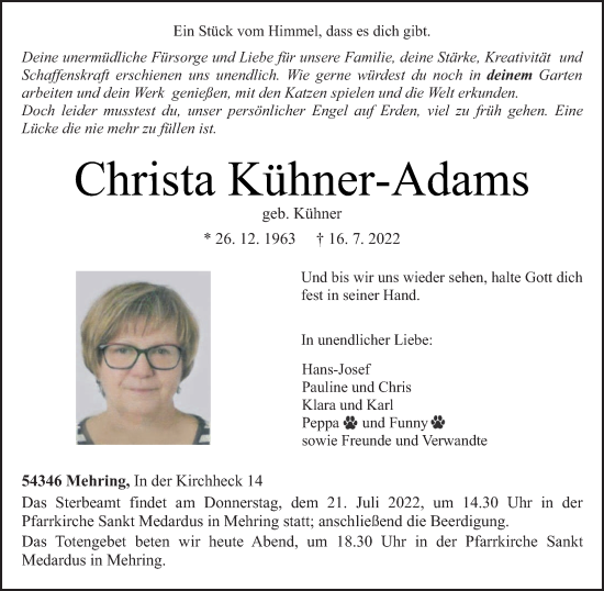 Traueranzeigen von Christa Kühner Adams Volksfreund Trauer de