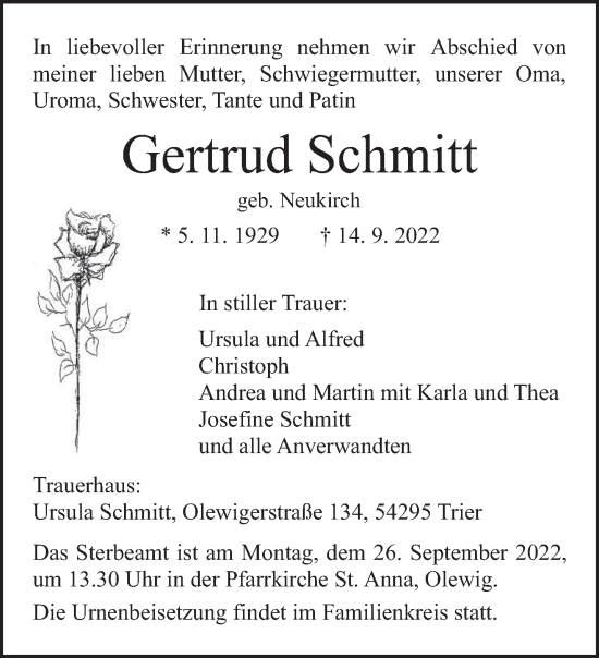 Traueranzeigen Von Gertrud Schmitt Volksfreund Trauer De